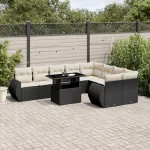 Set canapele de grădină cu perne, 10 piese, negru, poliratan GartenMobel Dekor