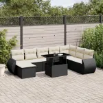 Set mobilier de grădină cu perne, 9 piese, negru, poliratan GartenMobel Dekor