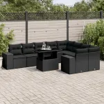Set canapele de grădină cu perne, 10 piese, negru, poliratan GartenMobel Dekor