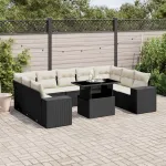 Set canapele de grădină cu perne, 10 piese, negru, poliratan GartenMobel Dekor
