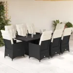 Set mobilier de grădină cu perne, 9 piese, negru, poliratan GartenMobel Dekor