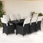 Set mobilier de grădină cu perne, 9 piese, negru, poliratan GartenMobel Dekor