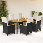 Set bistro de grădină, 7 piese, cu perne, negru, poliratan GartenMobel Dekor