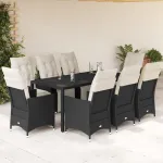 Set mobilier de grădină cu perne, 9 piese, negru, poliratan GartenMobel Dekor