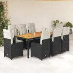 Set bistro de grădină, 9 piese, cu perne, negru, poliratan GartenMobel Dekor