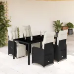 Set bistro de grădină cu perne, 5 piese, negru, poliratan GartenMobel Dekor