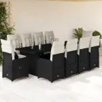 Set bistro de grădină, 11 piese, cu perne, negru, poliratan GartenMobel Dekor