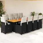 Set bistro de grădină, 11 piese, cu perne, negru, poliratan GartenMobel Dekor