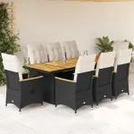 Set bistro de grădină, 9 piese, cu perne, negru, poliratan GartenMobel Dekor