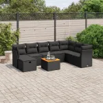 Set mobilier de grădină cu perne, 9 piese, negru, poliratan GartenMobel Dekor