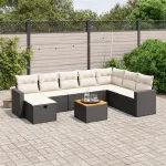 Set mobilier de grădină cu perne, 9 piese, negru, poliratan GartenMobel Dekor