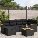 Set canapele de grădină cu perne, 7 piese, negru, poliratan GartenMobel Dekor