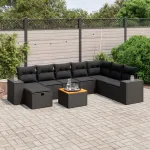 Set mobilier de grădină cu perne, 9 piese, negru, poliratan GartenMobel Dekor