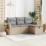 Set canapele de grădină, 4 piese, cu perne, bej, poliratan GartenMobel Dekor