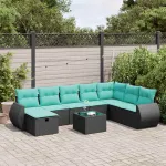 Set mobilier de grădină cu perne, 9 piese, negru, poliratan GartenMobel Dekor