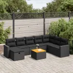 Set mobilier de grădină cu perne, 9 piese, negru, poliratan GartenMobel Dekor