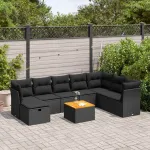 Set mobilier de grădină cu perne, 9 piese, negru, poliratan GartenMobel Dekor