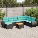 Set mobilier de grădină cu perne, 9 piese, negru, poliratan GartenMobel Dekor