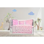 Lenjerie pentru patut bebe MyKids Dancing Bunny Roz, 5 piese, 120x60 cm