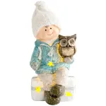 Figurină de Crăciun cu LED, băiețel pe taburet cu bufniță, 19,5 cm