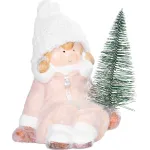 Figurină decorativă de Crăciun cu fetiță și brăduț, teracotă, 17 cm