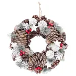 Coroniță decorativă de Crăciun suspendabilă, naturală, cu conuri albe 37 cm