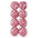 Set 8 globuri roșii pentru brad, 6 cm, ornament alb și sclipici