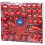 Set globuri și ornamente roșii pentru brad, 50 piese, cu ghirlandă și stea