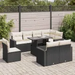 Set mobilier de grădină cu perne, 9 piese, negru, poliratan GartenMobel Dekor