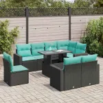 Set mobilier grădină perne 9 piese negru poliratan/lemn acacia GartenMobel Dekor