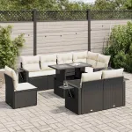 Set mobilier de grădină cu perne, 9 piese, negru, poliratan GartenMobel Dekor