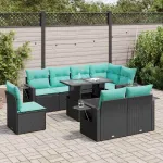 Set mobilier grădină perne 9 piese negru poliratan/lemn acacia GartenMobel Dekor