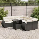 Set mobilier de grădină cu perne, 9 piese, negru, poliratan GartenMobel Dekor