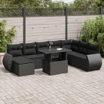 Set mobilier de grădină cu perne, 9 piese, negru, poliratan GartenMobel Dekor