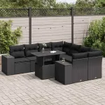 Set mobilier de grădină cu perne, 9 piese, negru, poliratan GartenMobel Dekor