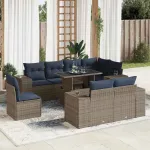 Set mobilier grădină cu perne 9piese gri poliratan/lemn acacia GartenMobel Dekor