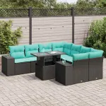 Set mobilier grădină perne 9 piese negru poliratan/lemn acacia GartenMobel Dekor