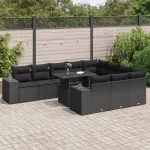 Set canapele de grădină cu perne, 11 piese, negru, poliratan GartenMobel Dekor
