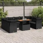 Set canapele de grădină cu perne, 10 piese, negru, poliratan GartenMobel Dekor