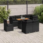 Set mobilier de grădină cu perne, 9 piese, negru, poliratan GartenMobel Dekor