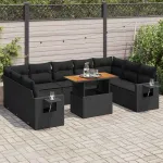 Set canapele de grădină cu perne, 10 piese, negru, poliratan GartenMobel Dekor