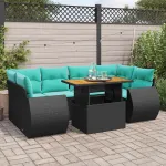 Set canapele de grădină cu perne, 7 piese, negru, poliratan GartenMobel Dekor