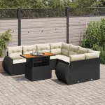 Set mobilier de grădină cu perne, 9 piese, negru, poliratan GartenMobel Dekor