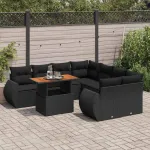 Set mobilier de grădină cu perne, 9 piese, negru, poliratan GartenMobel Dekor
