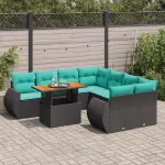 Set mobilier de grădină cu perne, 9 piese, negru, poliratan GartenMobel Dekor