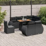 Set mobilier de grădină cu perne, 9 piese, negru, poliratan GartenMobel Dekor