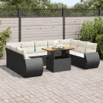 Set canapele de grădină cu perne, 10 piese, negru, poliratan GartenMobel Dekor