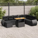 Set mobilier de grădină cu perne, 9 piese, negru, poliratan GartenMobel Dekor