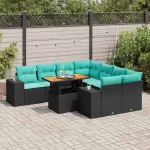 Set mobilier de grădină cu perne, 9 piese, negru, poliratan GartenMobel Dekor