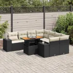 Set mobilier de grădină cu perne, 9 piese, negru, poliratan GartenMobel Dekor
